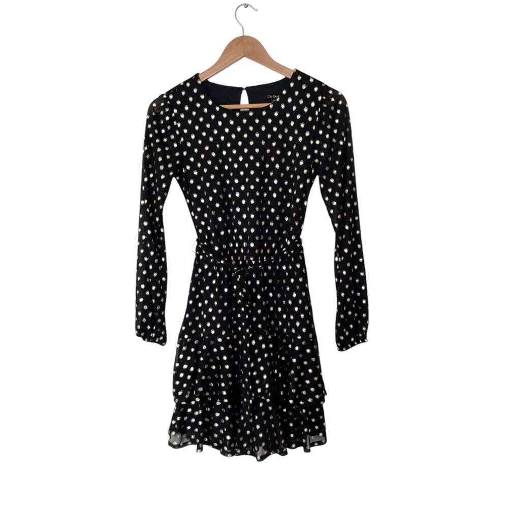 NWT City Studio Black Gold Foil Polka Dot Long Sleeve Dress - Picture 2 of 6